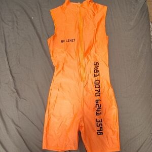 Orange Sleeveless Jumpsuit with Black Text